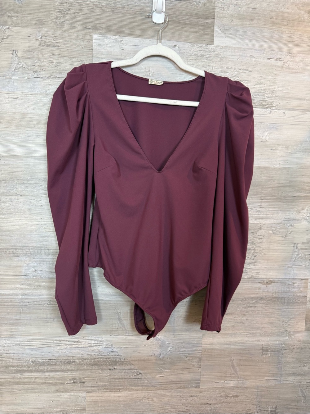 Free People Intimately Medium Plum Puff Sleeve Deep V Neck Bodysuit Burgundy
